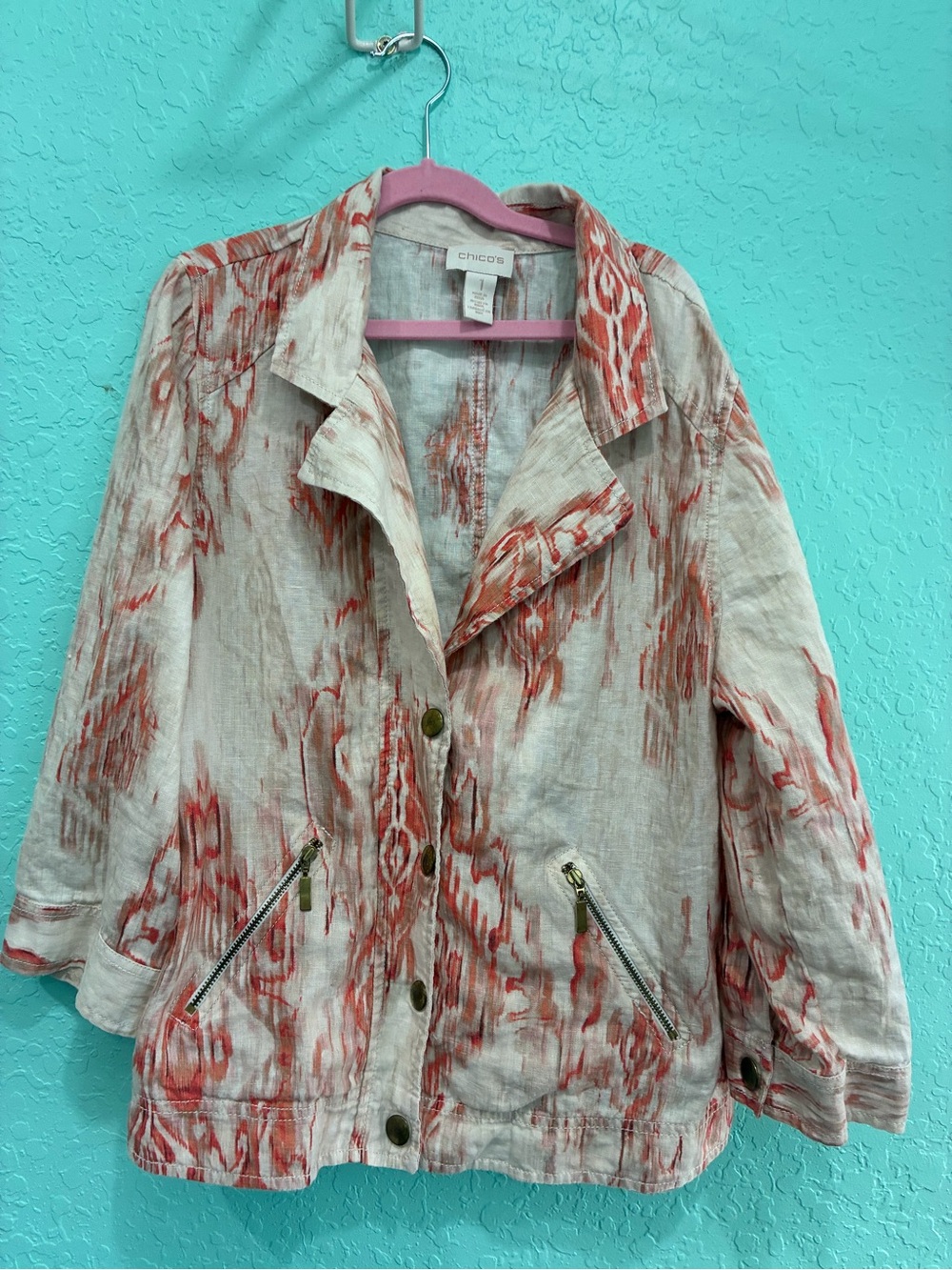 Chico's Cream Linen Jacket with Coral Print 1 M
